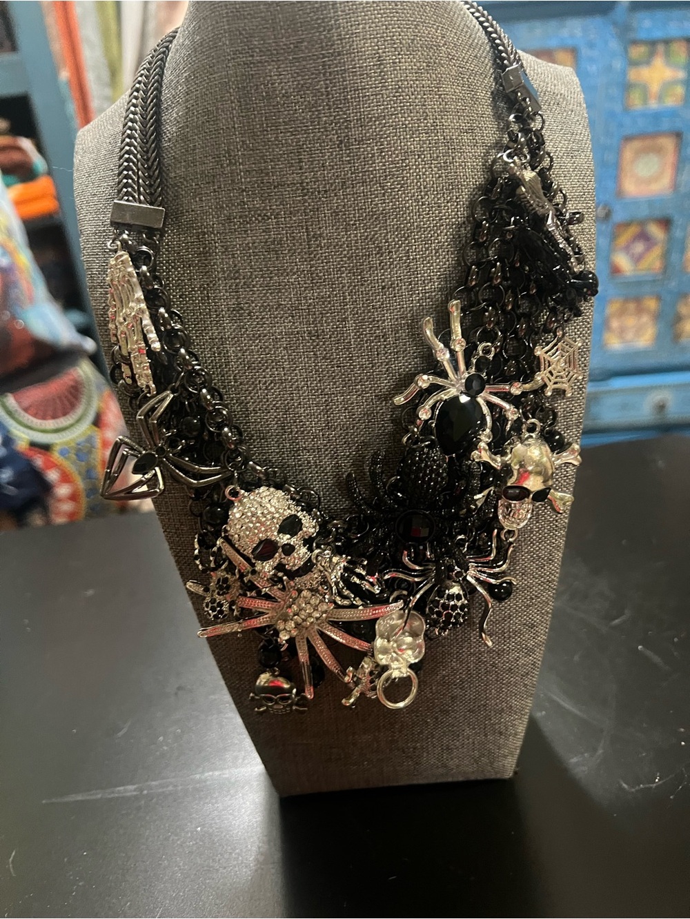 Betsey Johnson Black and Silver Gothic Skull & Spider Charm Necklace